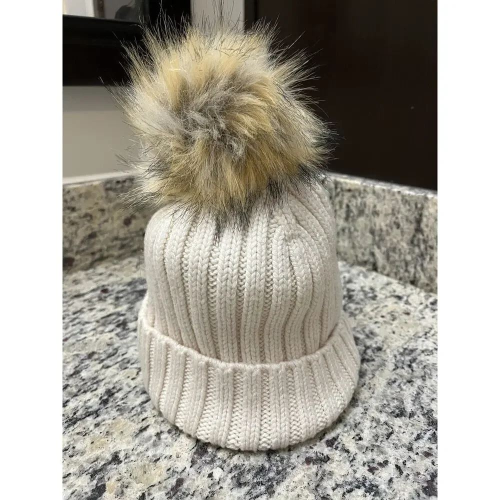 J CREW Hat Womens OS Ribbed Cuffed Pom-Pom Beanie NWOT Knit Cotton Ivory